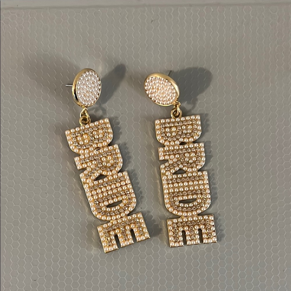 Gold and White 'BRIDE' Earrings